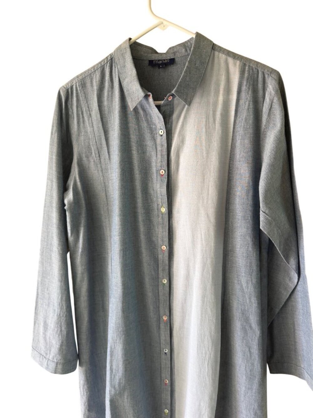 Manan Womens Button-down Chambray Shirtdress Size Large Linen Colorblock Casual - Picture 4 of 16